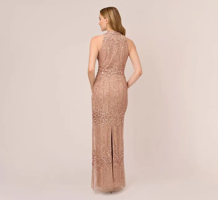 Long Dresses Womens Adrianna Papell Beaded Column Gown With Mock Neckline In Rose Gold