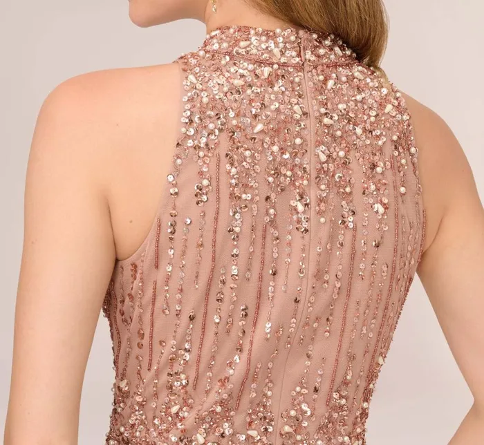 Long Dresses Womens Adrianna Papell Beaded Column Gown With Mock Neckline In Rose Gold