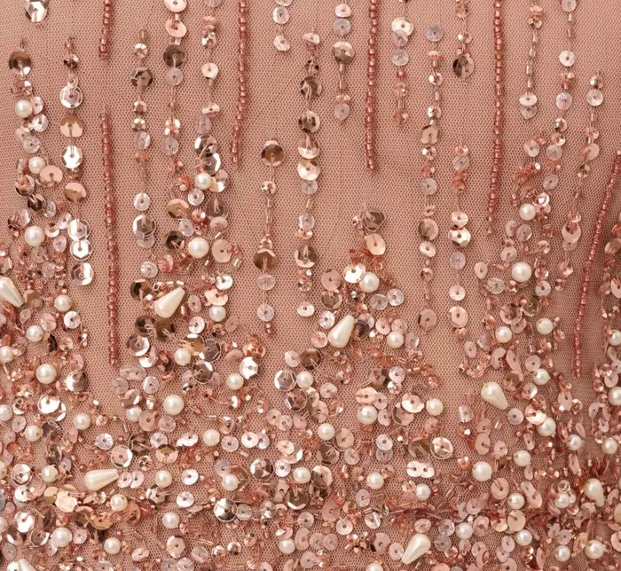 Long Dresses Womens Adrianna Papell Beaded Column Gown With Mock Neckline In Rose Gold