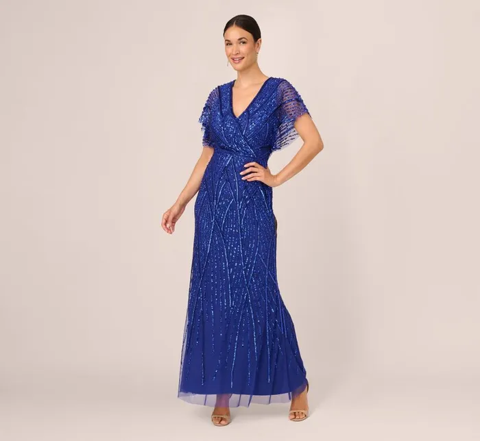 Long Dresses Womens Adrianna Papell Beaded Mermaid Gown With Dolman Sleeves In Ultra Blue