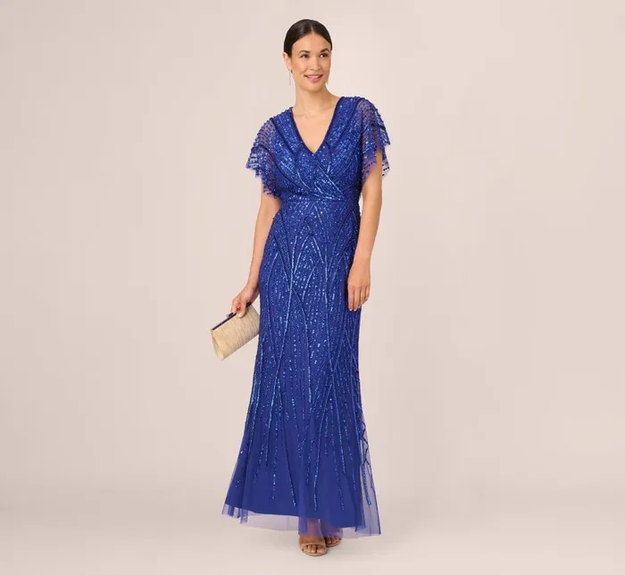 Long Dresses Womens Adrianna Papell Beaded Mermaid Gown With Dolman Sleeves In Ultra Blue