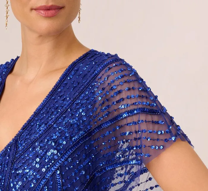 Long Dresses Womens Adrianna Papell Beaded Mermaid Gown With Dolman Sleeves In Ultra Blue