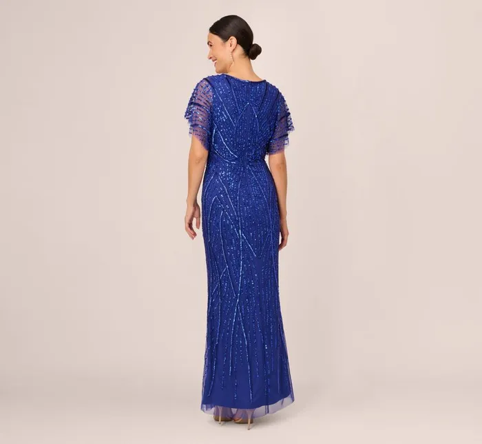 Long Dresses Womens Adrianna Papell Beaded Mermaid Gown With Dolman Sleeves In Ultra Blue