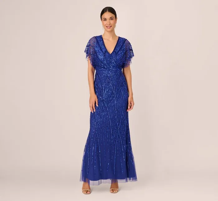Long Dresses Womens Adrianna Papell Beaded Mermaid Gown With Dolman Sleeves In Ultra Blue