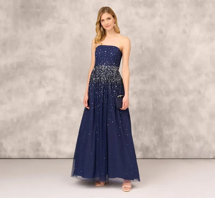 Long Dresses Womens Adrianna Papell Beaded Strapless Gown With Sheer Removable Cape In Navy