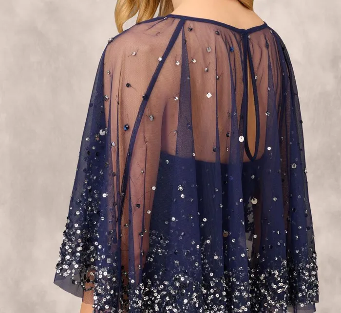 Long Dresses Womens Adrianna Papell Beaded Strapless Gown With Sheer Removable Cape In Navy