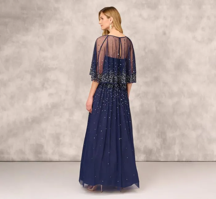 Long Dresses Womens Adrianna Papell Beaded Strapless Gown With Sheer Removable Cape In Navy