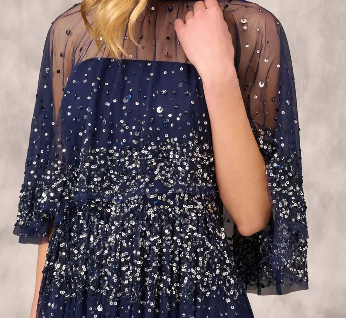 Long Dresses Womens Adrianna Papell Beaded Strapless Gown With Sheer Removable Cape In Navy