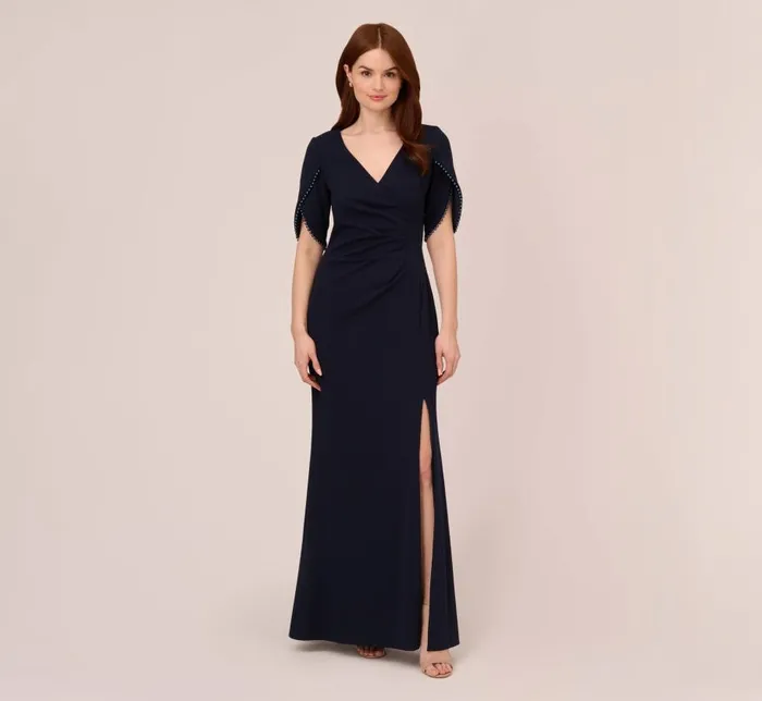 Long Dresses Womens Adrianna Papell Crepe Mermaid Gown With Pearl Trim Short Sleeves In Midnight