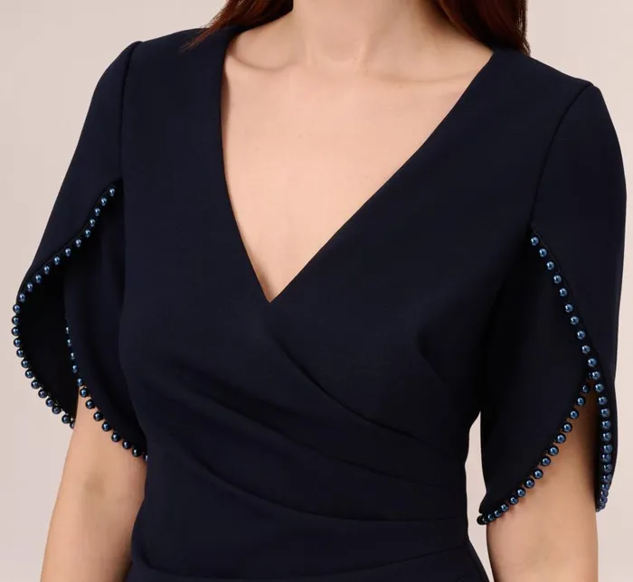 Long Dresses Womens Adrianna Papell Crepe Mermaid Gown With Pearl Trim Short Sleeves In Midnight
