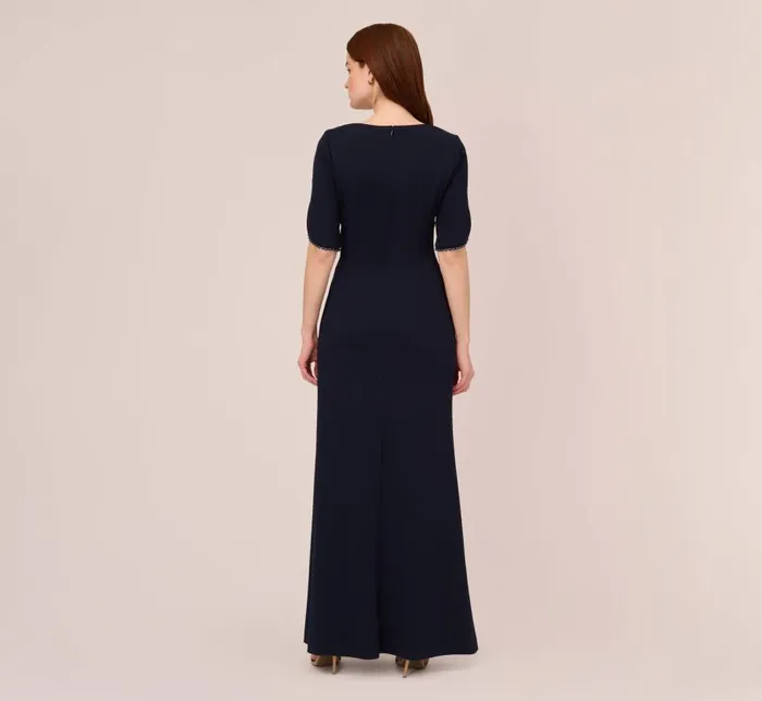 Long Dresses Womens Adrianna Papell Crepe Mermaid Gown With Pearl Trim Short Sleeves In Midnight