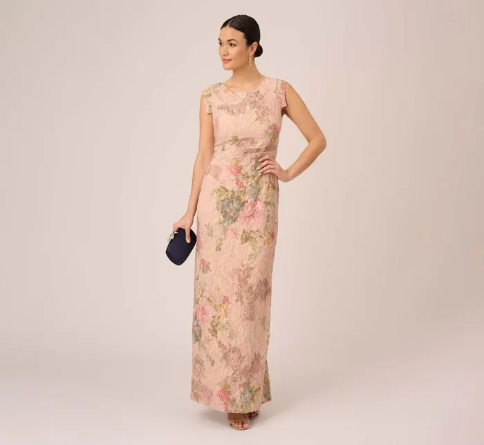 Long Dresses Womens Adrianna Papell Floral Metallic Stretch Matelasse Long Column Gown In Pink Multi