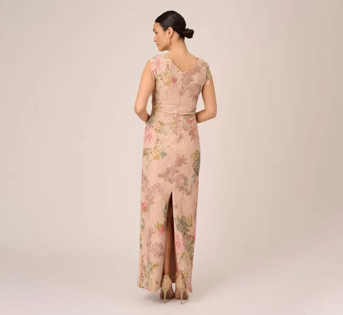 Long Dresses Womens Adrianna Papell Floral Metallic Stretch Matelasse Long Column Gown In Pink Multi