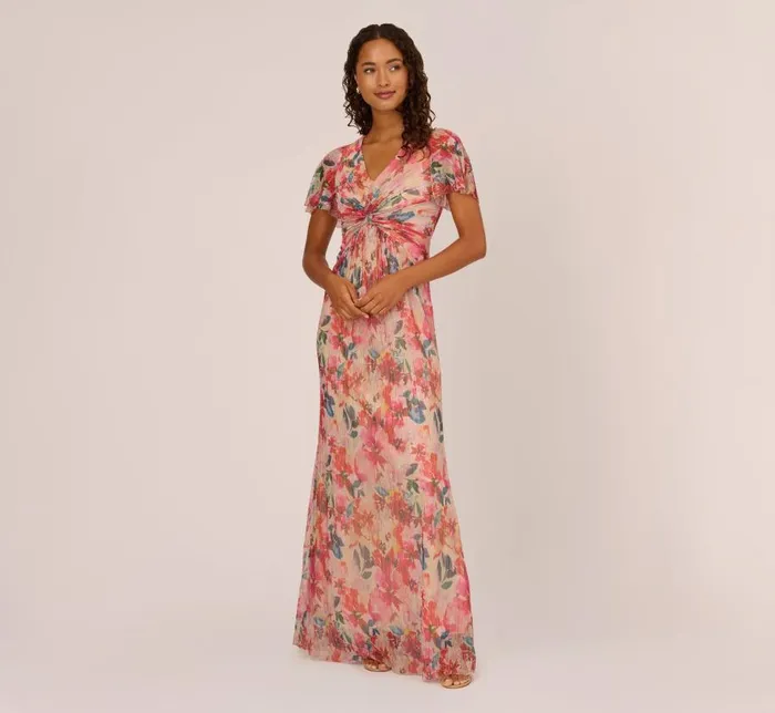 Long Dresses Womens Adrianna Papell FloralPrint Metallic Twist Front Long Gown With Flutter Sleeves In Alabaster Multi Long Dresses Womens Adrianna Papell FloralPrint Metallic Twist Front Long Gown With Flutter Sleeves In Alabaster Multi