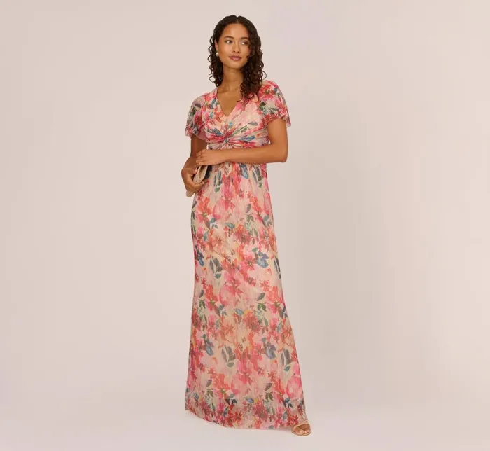 Long Dresses Womens Adrianna Papell FloralPrint Metallic Twist Front Long Gown With Flutter Sleeves In Alabaster Multi