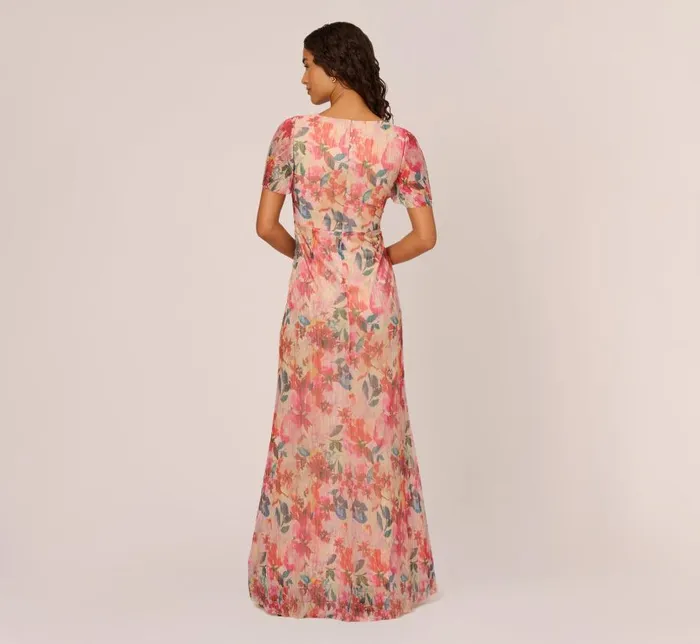 Long Dresses Womens Adrianna Papell FloralPrint Metallic Twist Front Long Gown With Flutter Sleeves In Alabaster Multi