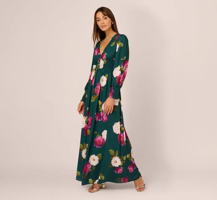 Long Dresses Womens Adrianna Papell Floral Smock Maxi Dress With Long Sleeves In Green Multi Long Dresses Womens Adrianna Papell Floral Smock Maxi Dress With Long Sleeves In Green Multi