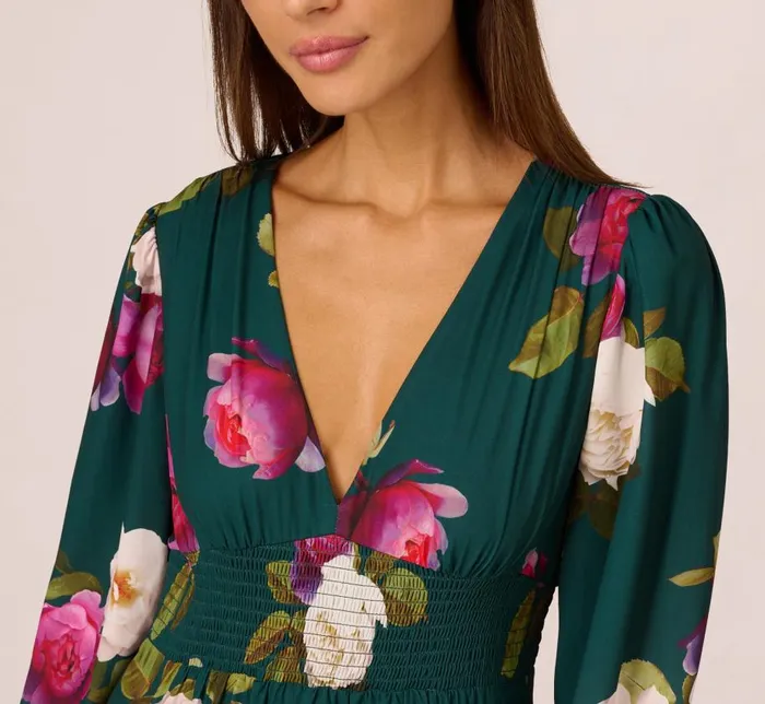 Long Dresses Womens Adrianna Papell Floral Smock Maxi Dress With Long Sleeves In Green Multi