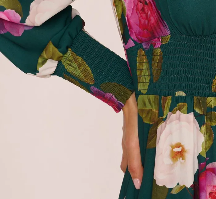 Long Dresses Womens Adrianna Papell Floral Smock Maxi Dress With Long Sleeves In Green Multi