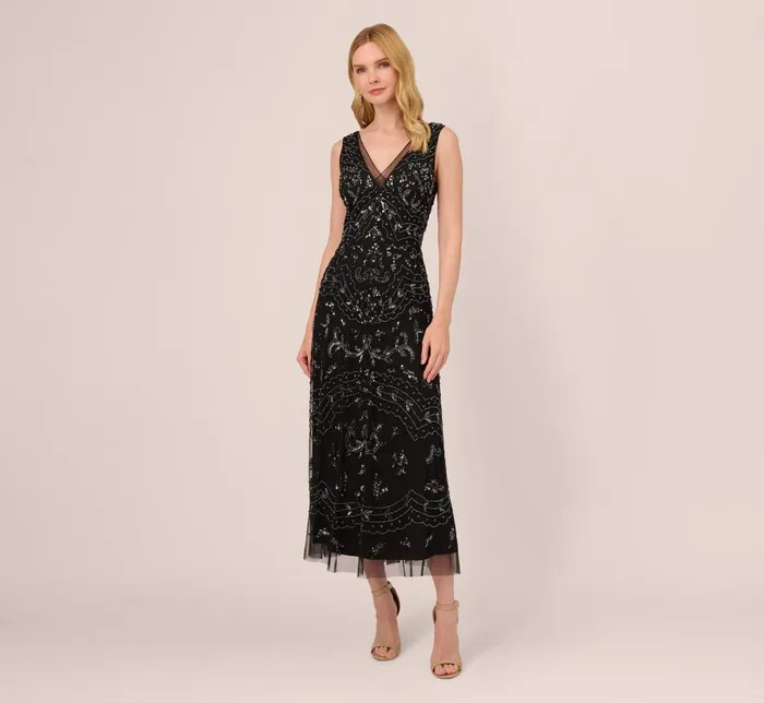 Long Dresses Womens Adrianna Papell HandBeaded AnkleLength Dress In Black Gunmetal Long Dresses Womens Adrianna Papell HandBeaded AnkleLength Dress In Black Gunmetal