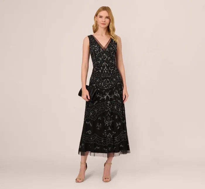 Long Dresses Womens Adrianna Papell HandBeaded AnkleLength Dress In Black Gunmetal