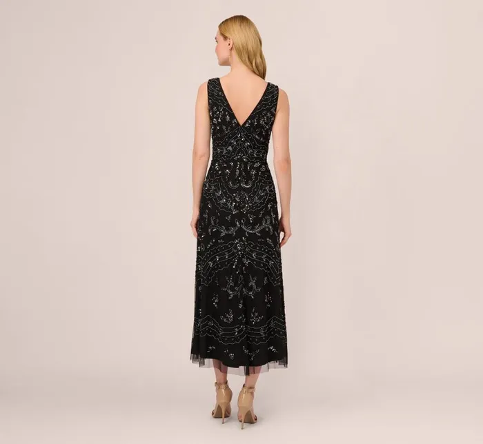 Long Dresses Womens Adrianna Papell HandBeaded AnkleLength Dress In Black Gunmetal