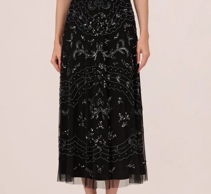 Long Dresses Womens Adrianna Papell HandBeaded AnkleLength Dress In Black Gunmetal
