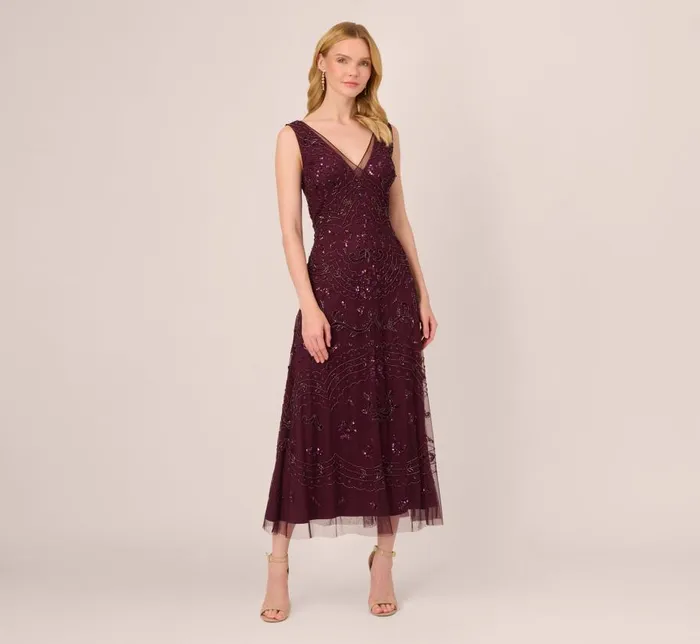 Long Dresses Womens Adrianna Papell HandBeaded AnkleLength Dress In Night Plum Long Dresses Womens Adrianna Papell HandBeaded AnkleLength Dress In Night Plum
