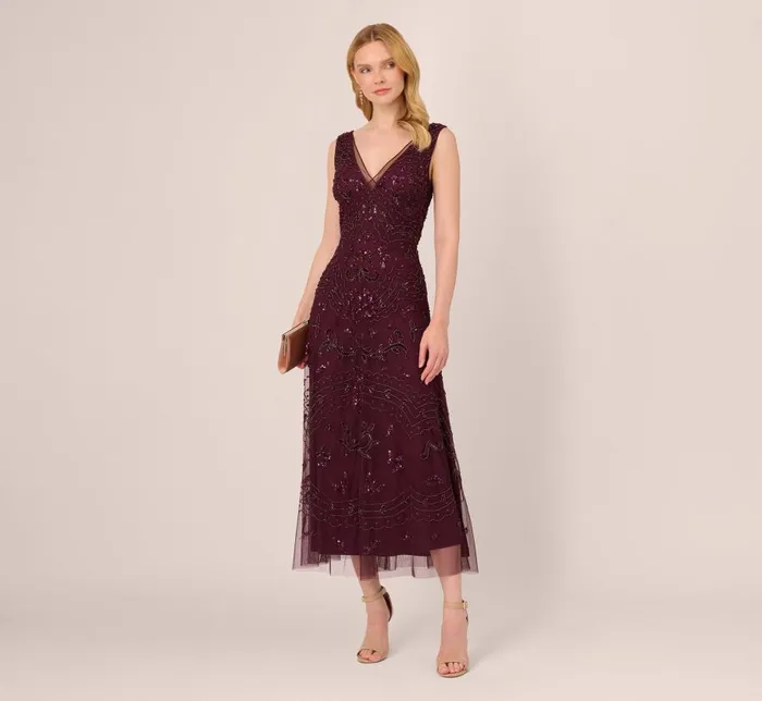 Long Dresses Womens Adrianna Papell HandBeaded AnkleLength Dress In Night Plum