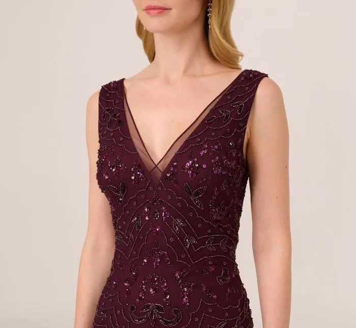 Long Dresses Womens Adrianna Papell HandBeaded AnkleLength Dress In Night Plum