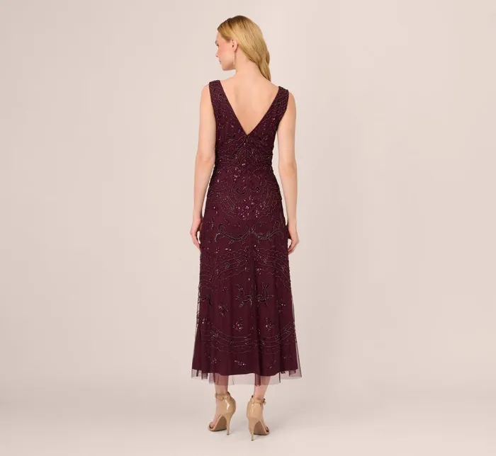 Long Dresses Womens Adrianna Papell HandBeaded AnkleLength Dress In Night Plum