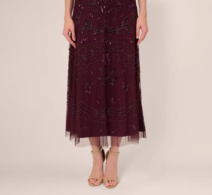Long Dresses Womens Adrianna Papell HandBeaded AnkleLength Dress In Night Plum