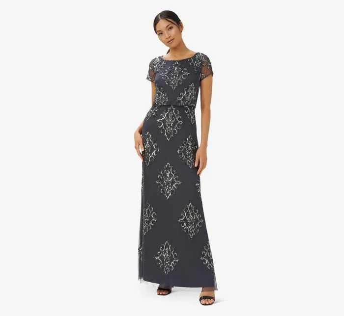 Long Dresses Womens Adrianna Papell HandBeaded Long Blouson Gown In Gunmetal