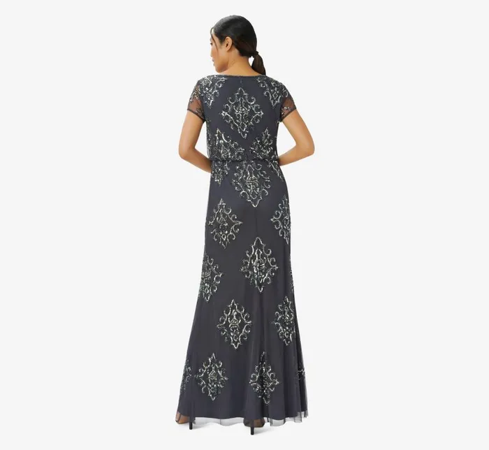 Long Dresses Womens Adrianna Papell HandBeaded Long Blouson Gown In Gunmetal