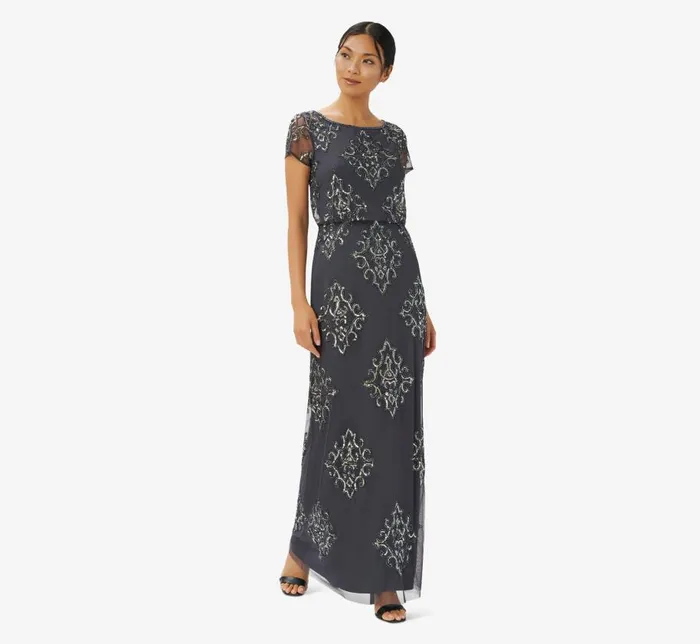 Long Dresses Womens Adrianna Papell HandBeaded Long Blouson Gown In Gunmetal