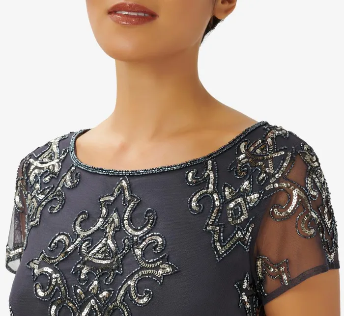 Long Dresses Womens Adrianna Papell HandBeaded Long Blouson Gown In Gunmetal