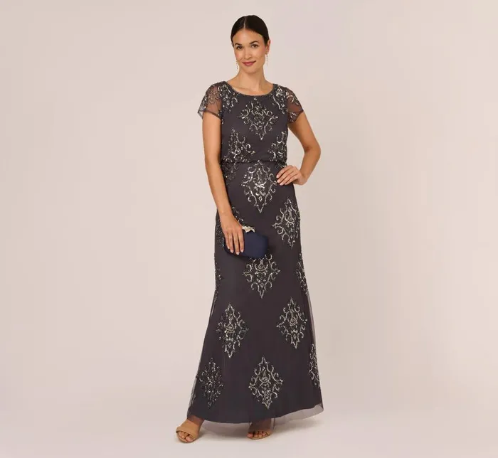 Long Dresses Womens Adrianna Papell HandBeaded Long Blouson Gown In Gunmetal