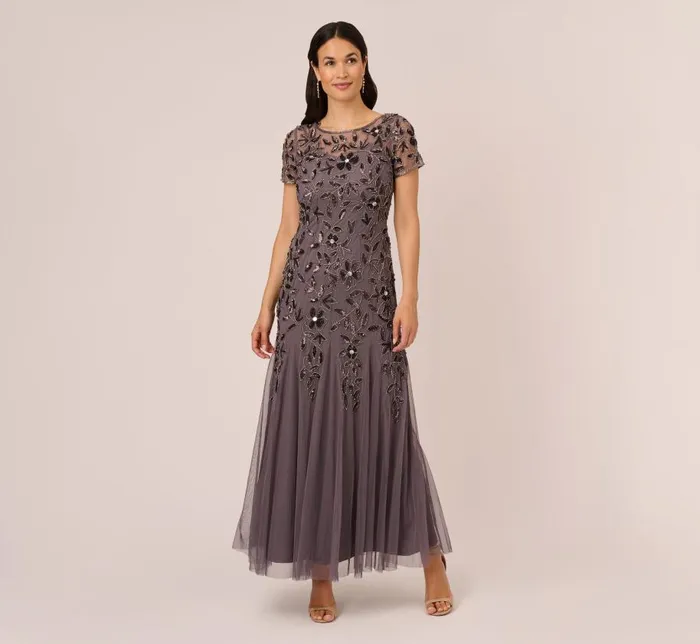 Long Dresses Womens Adrianna Papell Hand Beaded Short Sleeve Floral Godet Gown In Moonscape Long Dresses Womens Adrianna Papell Hand Beaded Short Sleeve Floral Godet Gown In Moonscape