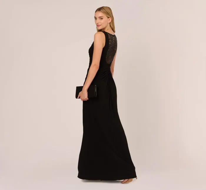 Long Dresses Womens Adrianna Papell HandSequined Ruched Long Jersey Gown In Black