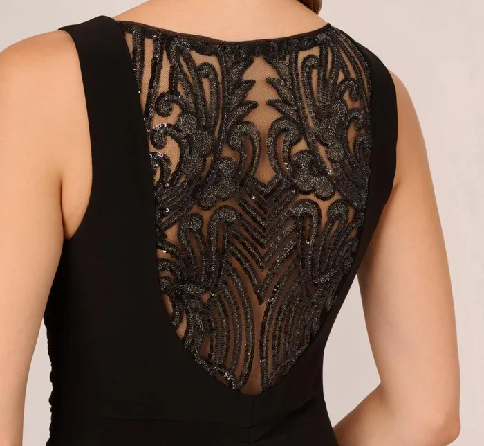 Long Dresses Womens Adrianna Papell HandSequined Ruched Long Jersey Gown In Black