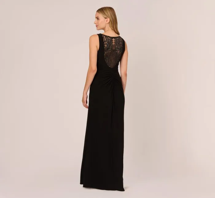 Long Dresses Womens Adrianna Papell HandSequined Ruched Long Jersey Gown In Black