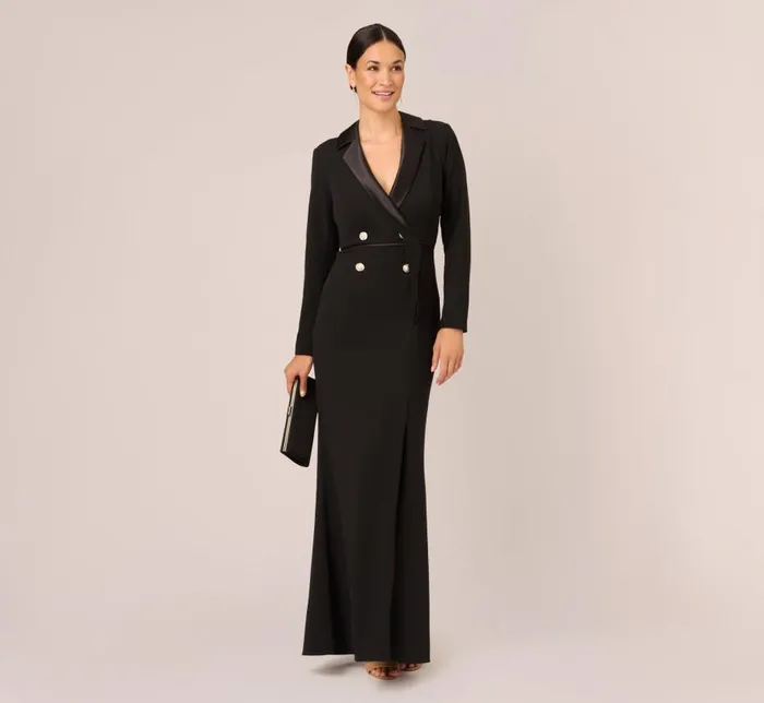Long Dresses Womens Adrianna Papell Long Sleeve Tuxedo Gown With Jeweled Buttons In Black