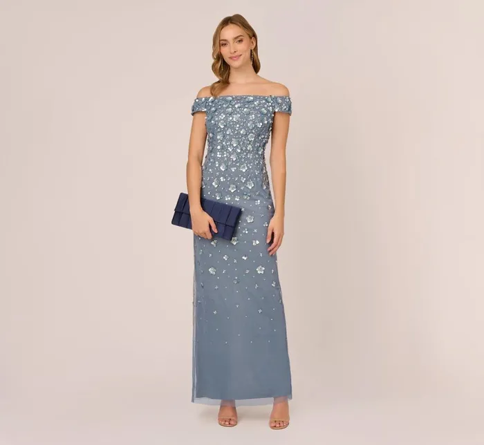 Long Dresses Womens Adrianna Papell Off Shoulder Dress With Floral Embellishment In Vintage Blue