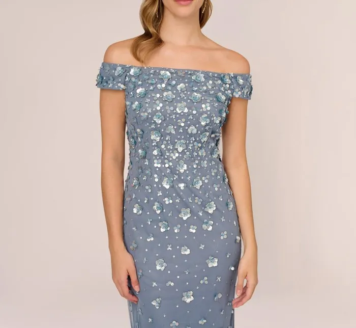 Long Dresses Womens Adrianna Papell Off Shoulder Dress With Floral Embellishment In Vintage Blue