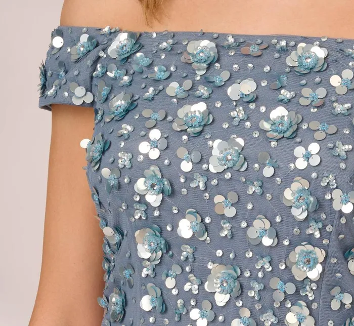 Long Dresses Womens Adrianna Papell Off Shoulder Dress With Floral Embellishment In Vintage Blue