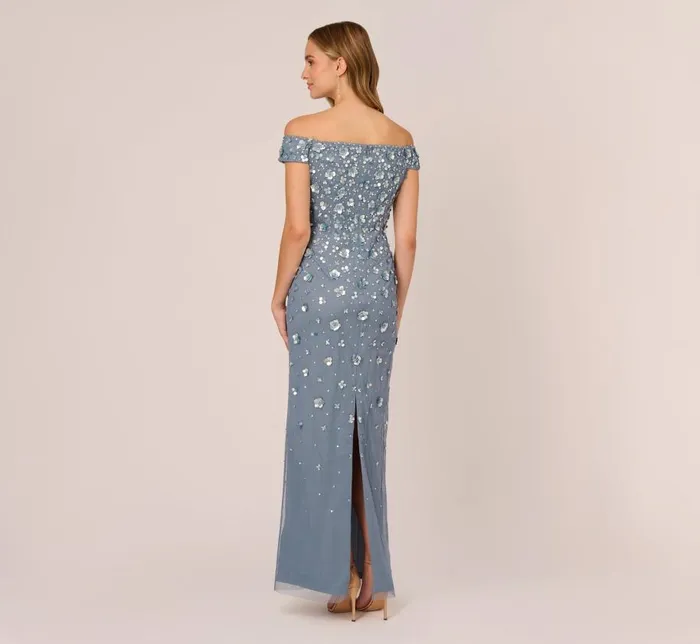 Long Dresses Womens Adrianna Papell Off Shoulder Dress With Floral Embellishment In Vintage Blue