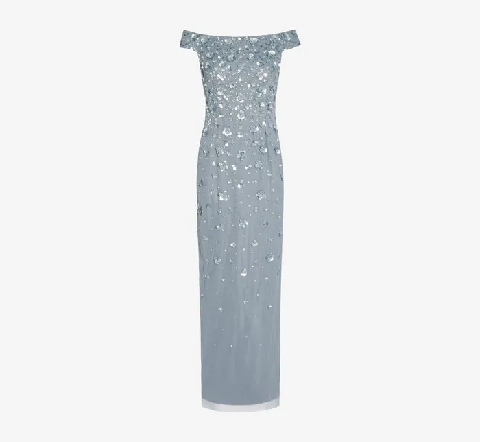 Long Dresses Womens Adrianna Papell Off Shoulder Dress With Floral Embellishment In Vintage Blue