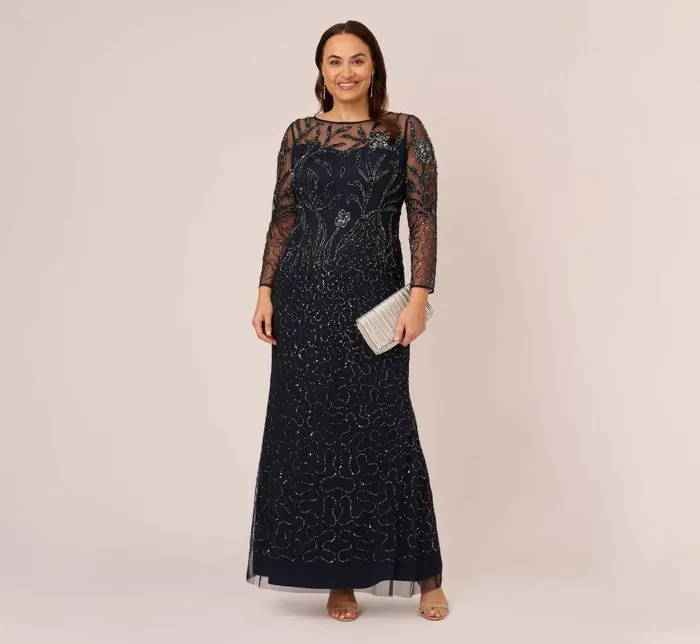 Long Dresses Womens Adrianna Papell Plus Size Floral Beaded Dress With Sheer Long Sleeves In Midnight
