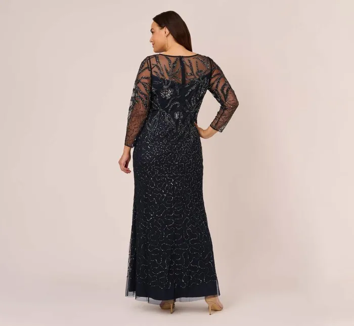 Long Dresses Womens Adrianna Papell Plus Size Floral Beaded Dress With Sheer Long Sleeves In Midnight