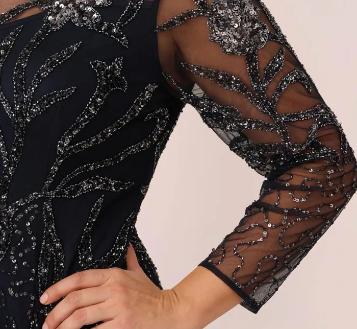 Long Dresses Womens Adrianna Papell Plus Size Floral Beaded Dress With Sheer Long Sleeves In Midnight